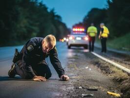 Policeman is meticulously examining the scene for evidence during his investigation AI Generative photo