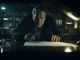 Policeman is meticulously examining the scene for evidence during his investigation AI Generative photo
