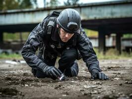 Policeman is meticulously examining the scene for evidence during his investigation AI Generative photo