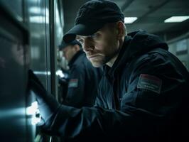 Policeman is meticulously examining the scene for evidence during his investigation AI Generative photo