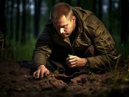 Policeman is meticulously examining the scene for evidence during his investigation AI Generative photo