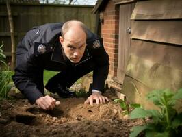 Policeman is meticulously examining the scene for evidence during his investigation AI Generative photo