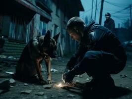 Policeman is meticulously examining the scene for evidence during his investigation AI Generative photo