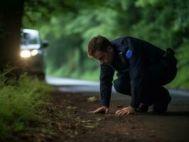 Policeman is meticulously examining the scene for evidence during his investigation AI Generative photo