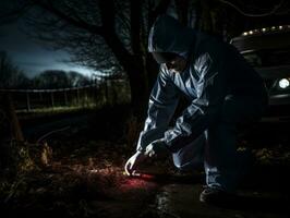 Policeman is meticulously examining the scene for evidence during his investigation AI Generative photo