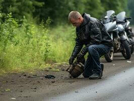 Policeman is meticulously examining the scene for evidence during his investigation AI Generative photo