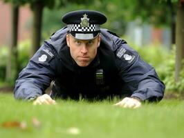 Policeman is meticulously examining the scene for evidence during his investigation AI Generative photo