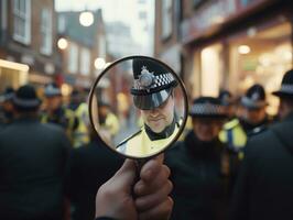 Policeman is meticulously examining the scene for evidence during his investigation AI Generative photo