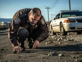 Policeman is meticulously examining the scene for evidence during his investigation AI Generative photo