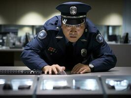 Policeman is meticulously examining the scene for evidence during his investigation AI Generative photo