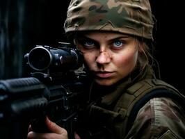 Woman serves as a dedicated and fearless soldier AI Generative photo