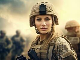 Woman serves as a dedicated and fearless soldier AI Generative photo