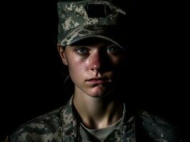 mujer sirve como un dedicado y audaz soldado ai generativo foto