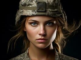 Woman serves as a dedicated and fearless soldier AI Generative photo