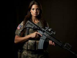 Woman serves as a dedicated and fearless soldier AI Generative photo