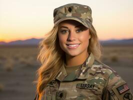 Woman serves as a dedicated and fearless soldier AI Generative photo