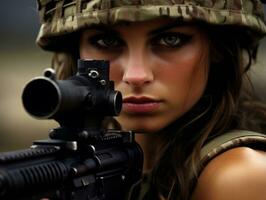 Woman serves as a dedicated and fearless soldier AI Generative photo