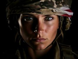 Woman serves as a dedicated and fearless soldier AI Generative photo