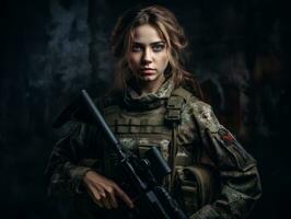 Woman serves as a dedicated and fearless soldier AI Generative photo