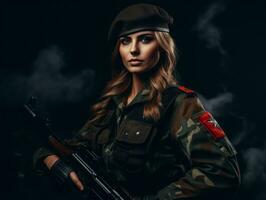 Woman serves as a dedicated and fearless soldier AI Generative photo