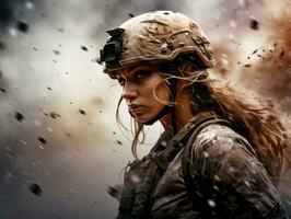 Woman serves as a dedicated and fearless soldier AI Generative photo