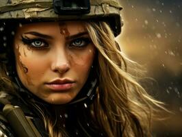 Woman serves as a dedicated and fearless soldier AI Generative photo