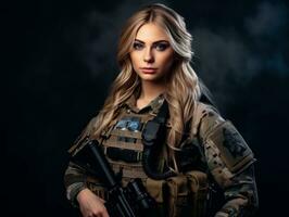 Woman serves as a dedicated and fearless soldier AI Generative photo