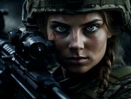 Woman serves as a dedicated and fearless soldier AI Generative photo