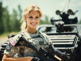 Woman serves as a dedicated and fearless soldier AI Generative photo