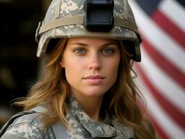 mujer sirve como un dedicado y audaz soldado ai generativo foto