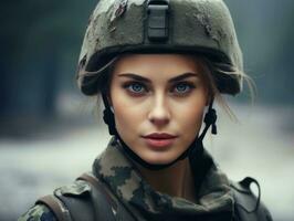 Woman serves as a dedicated and fearless soldier AI Generative photo