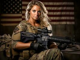 Woman serves as a dedicated and fearless soldier AI Generative photo