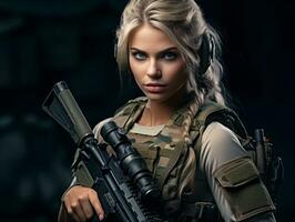 Woman serves as a dedicated and fearless soldier AI Generative photo