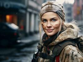 Woman serves as a dedicated and fearless soldier AI Generative photo