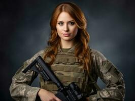 Woman serves as a dedicated and fearless soldier AI Generative photo