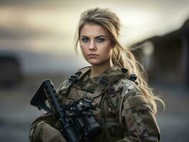 Woman serves as a dedicated and fearless soldier AI Generative photo