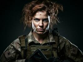 Woman serves as a dedicated and fearless soldier AI Generative photo