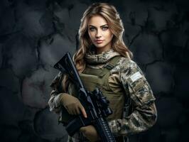 Woman serves as a dedicated and fearless soldier AI Generative photo