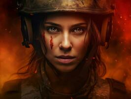 Woman serves as a dedicated and fearless soldier AI Generative photo