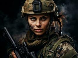 Woman serves as a dedicated and fearless soldier AI Generative photo