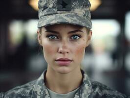 Woman serves as a dedicated and fearless soldier AI Generative photo