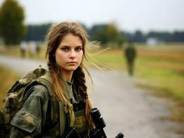 mujer sirve como un dedicado y audaz soldado ai generativo foto