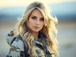 Woman serves as a dedicated and fearless soldier AI Generative photo