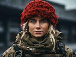 Woman serves as a dedicated and fearless soldier AI Generative photo