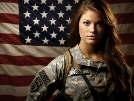 Woman serves as a dedicated and fearless soldier AI Generative photo