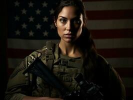 Woman serves as a dedicated and fearless soldier AI Generative photo