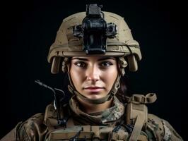 Woman serves as a dedicated and fearless soldier AI Generative photo