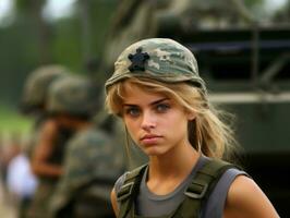 Woman serves as a dedicated and fearless soldier AI Generative photo