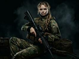 Woman serves as a dedicated and fearless soldier AI Generative photo