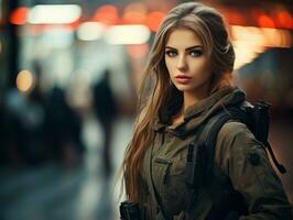 Woman serves as a dedicated and fearless soldier AI Generative photo